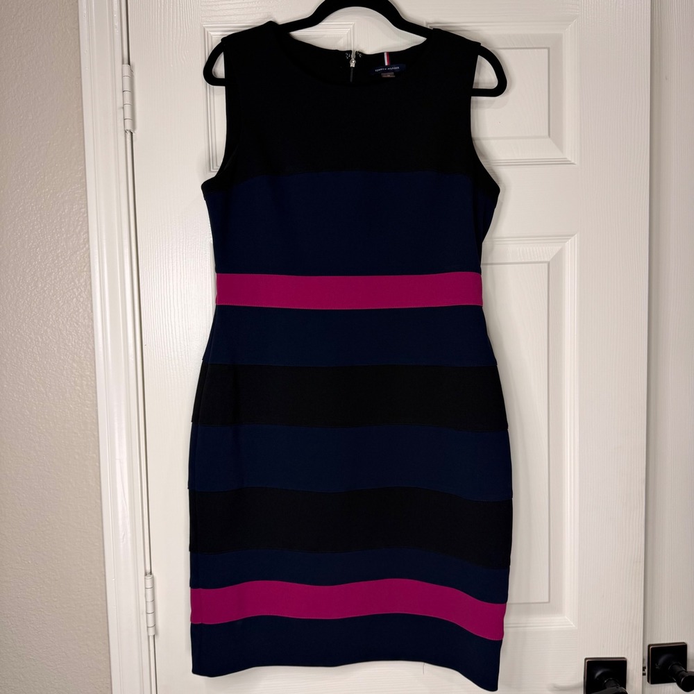#B11 TOMMY HILFIGER Sheath Dress Sz. 12 Striped Sleeveless PTP 20" - 21"